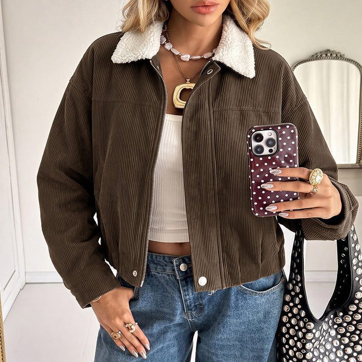 Noemi – Women's Cropped Corduroy-Look Jacket with Sherpa Collar