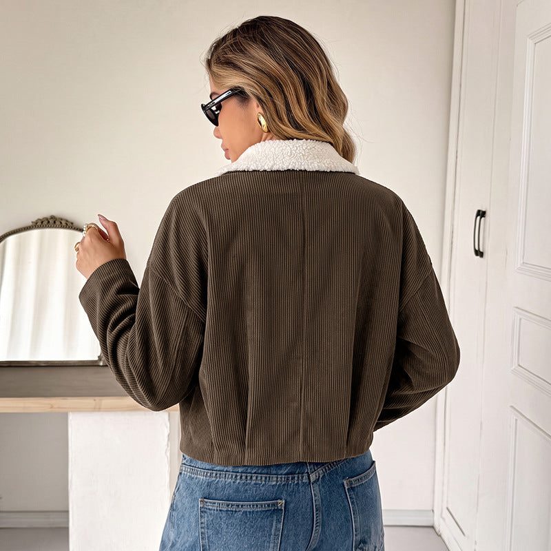 Noemi – Women's Cropped Corduroy-Look Jacket with Sherpa Collar