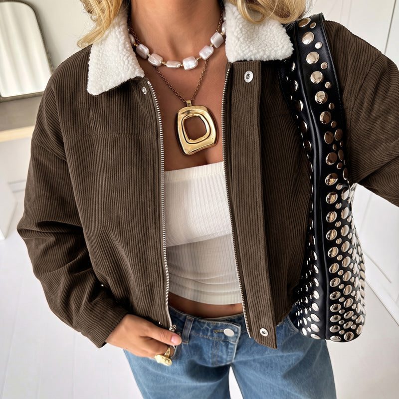 Noemi – Women's Cropped Corduroy-Look Jacket with Sherpa Collar