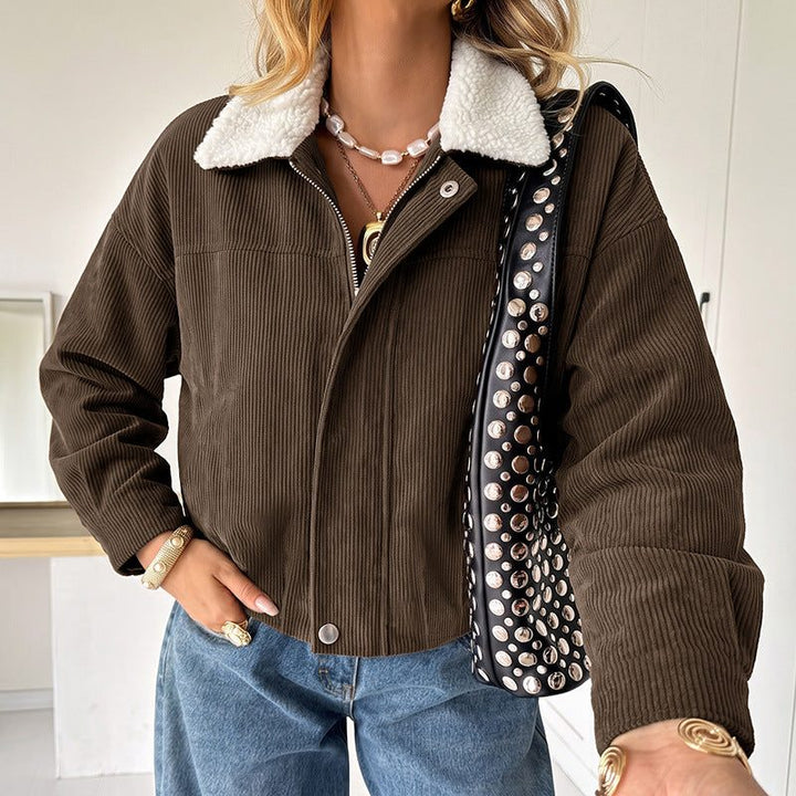Noemi – Women's Cropped Corduroy-Look Jacket with Sherpa Collar