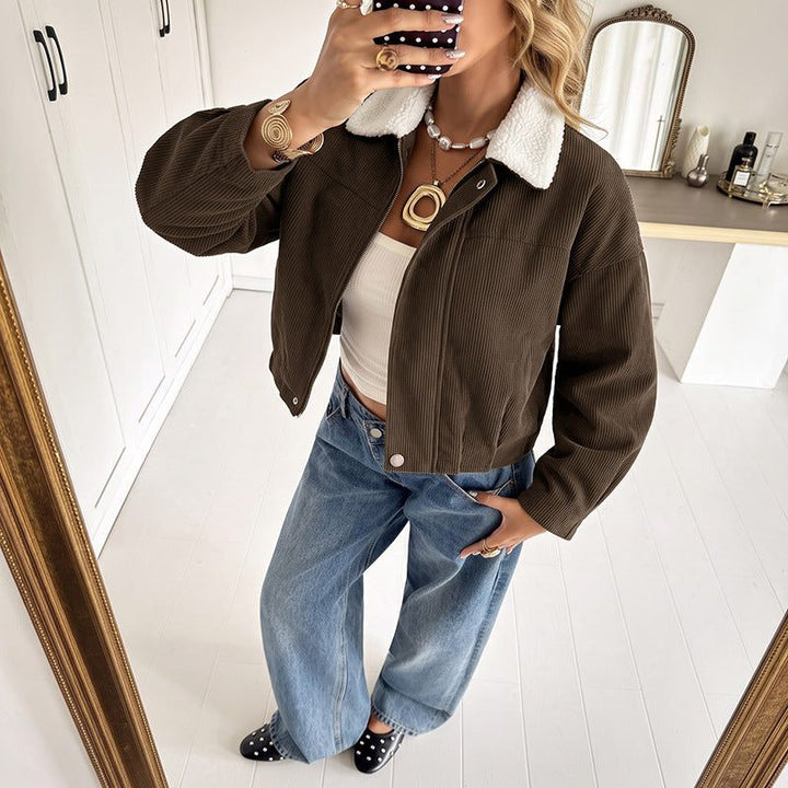 Noemi – Women's Cropped Corduroy-Look Jacket with Sherpa Collar