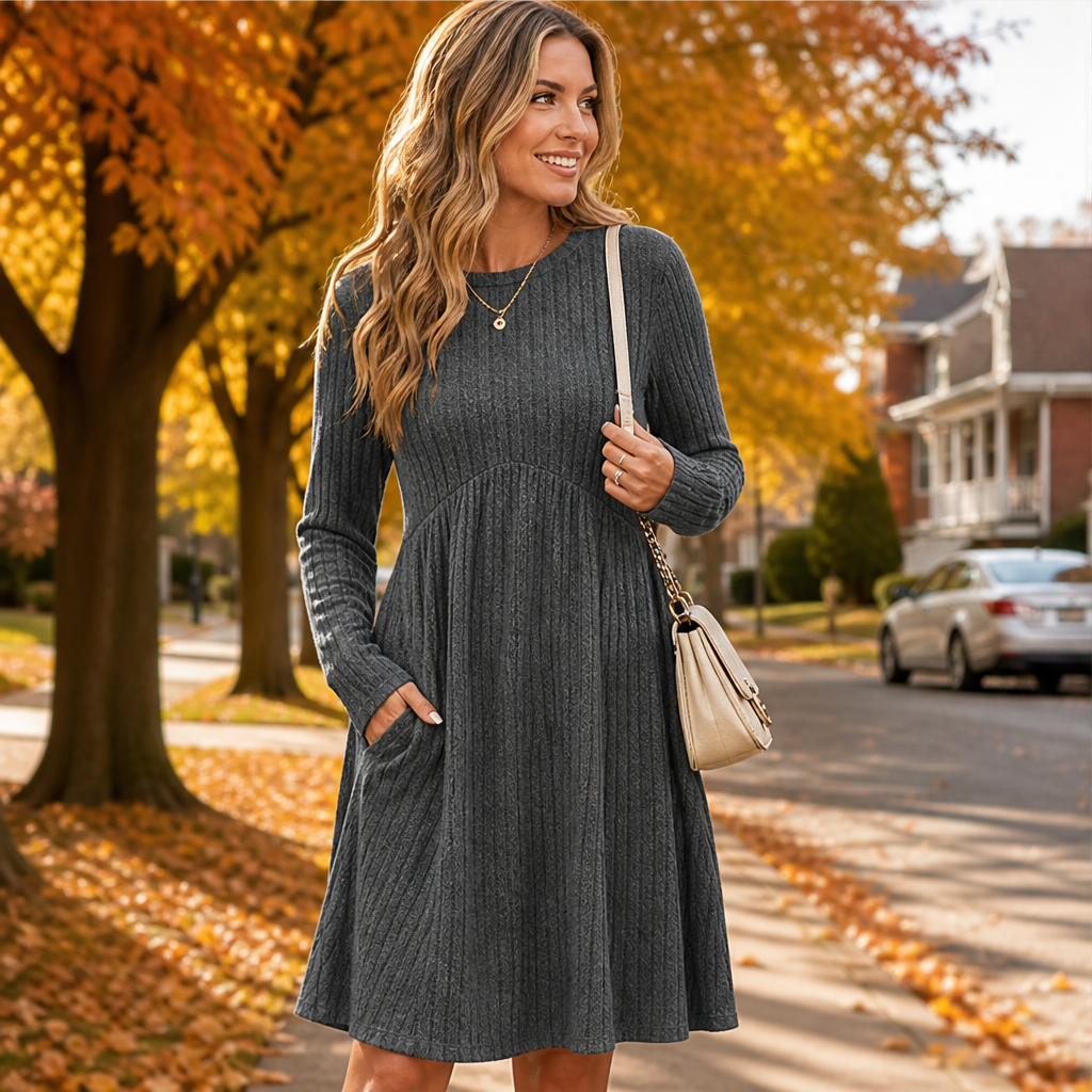 Patsy – Women's Ribbed Long Sleeve A-Line Sweater Dress with Pockets
