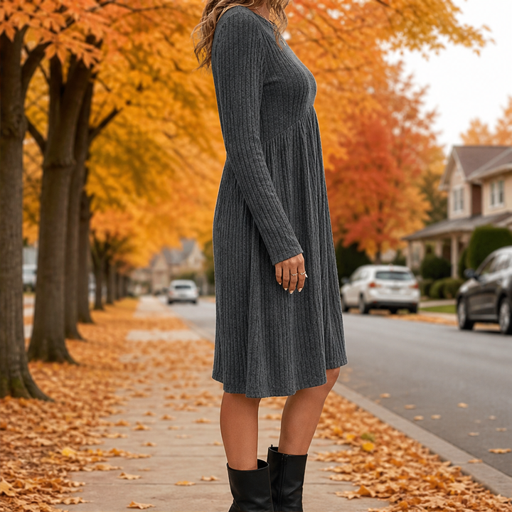 Patsy – Women's Ribbed Long Sleeve A-Line Sweater Dress with Pockets