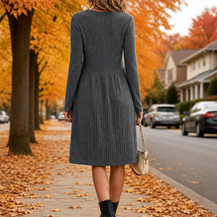 Patsy – Women's Ribbed Long Sleeve A-Line Sweater Dress with Pockets