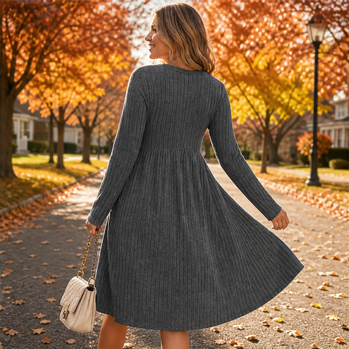 Patsy – Women's Ribbed Long Sleeve A-Line Sweater Dress with Pockets