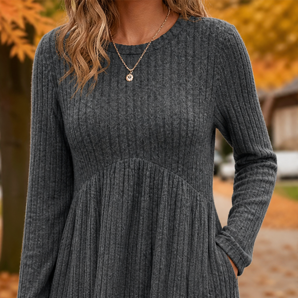 Patsy – Women's Ribbed Long Sleeve A-Line Sweater Dress with Pockets