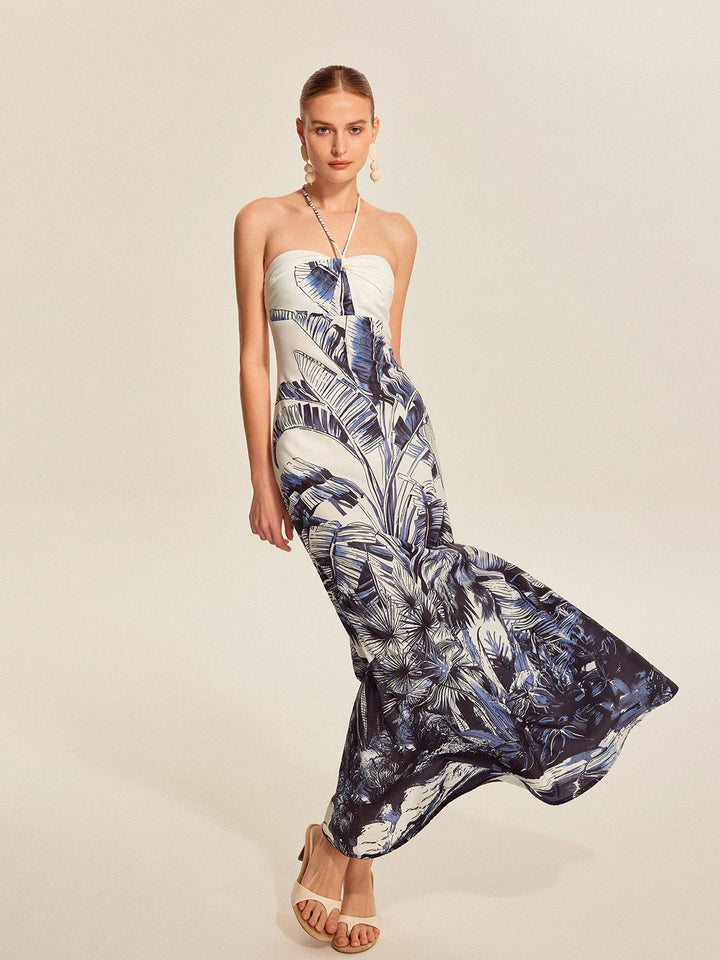 Opal – Tropical Halter Maxi Dress with Tie Neck