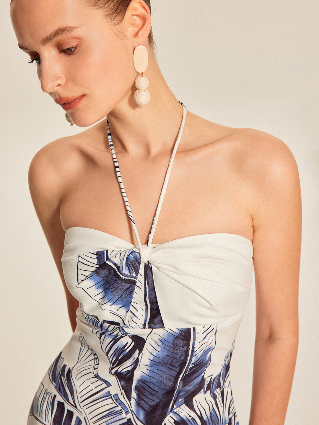 Opal – Tropical Halter Maxi Dress with Tie Neck