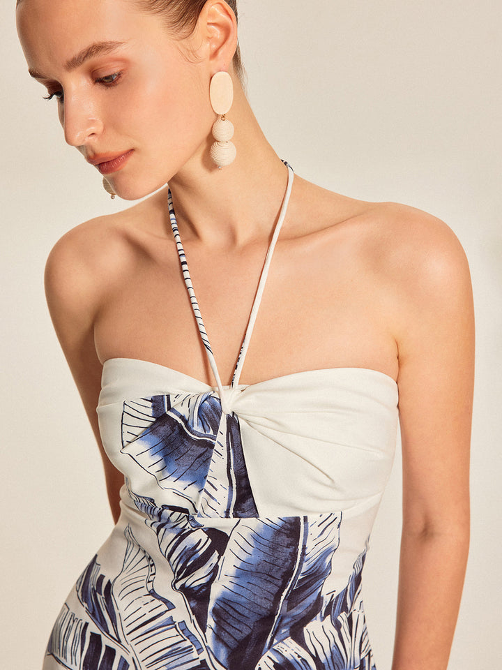 Opal – Tropical Halter Maxi Dress with Tie Neck