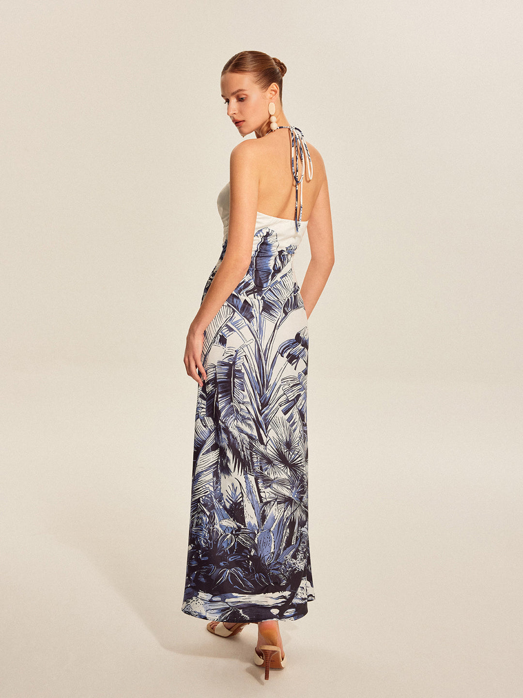 Opal – Tropical Halter Maxi Dress with Tie Neck