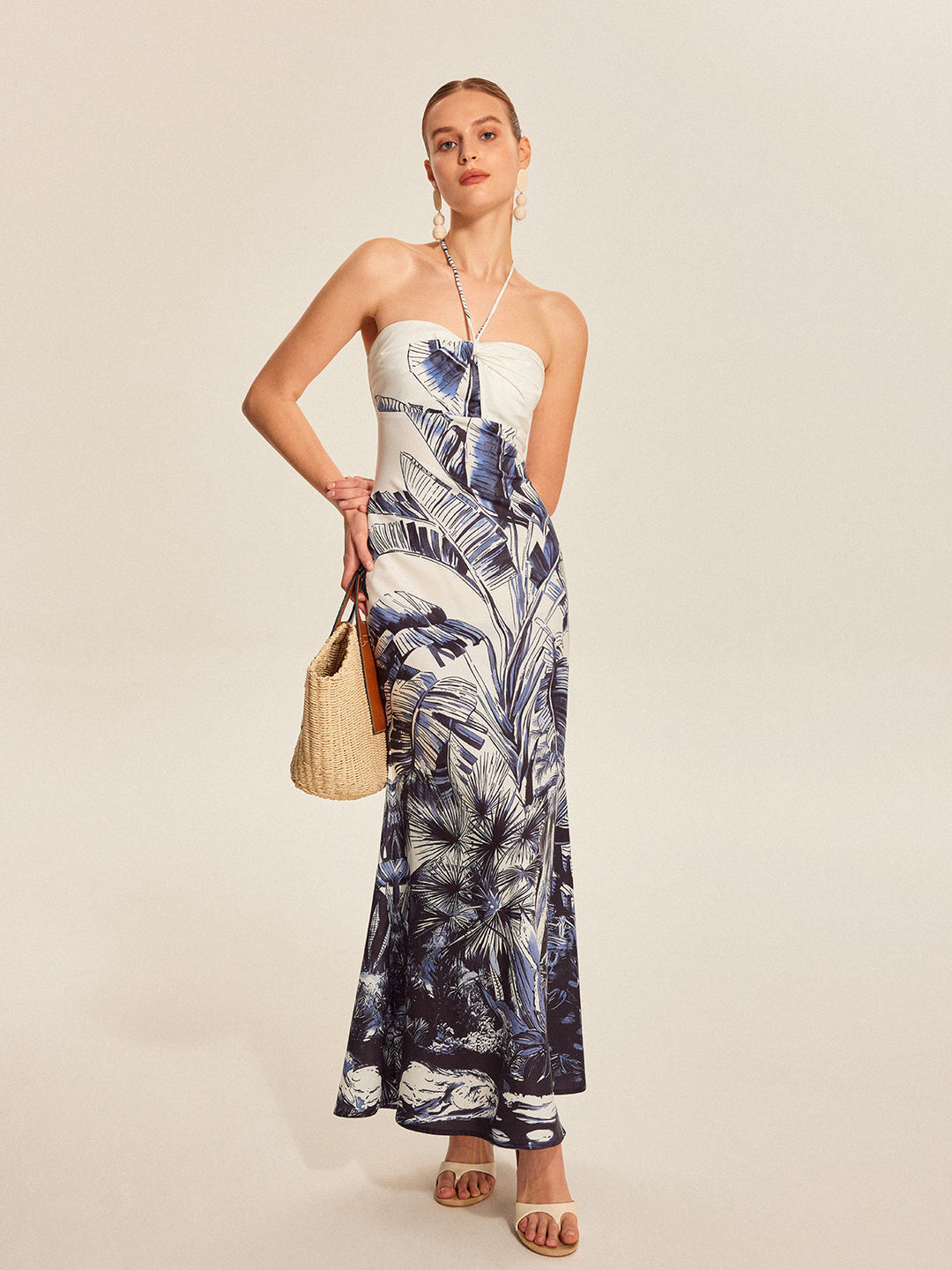 Opal – Tropical Halter Maxi Dress with Tie Neck