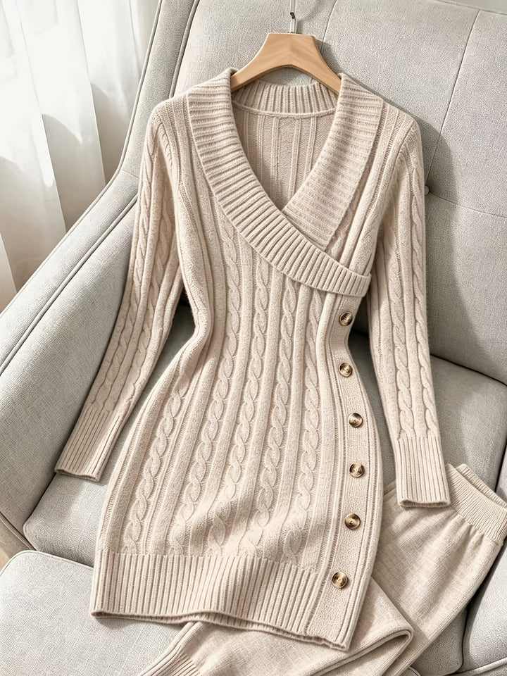 Raegan – Women's Cable-Stitch Mini Sweater Dress with Side Buttons