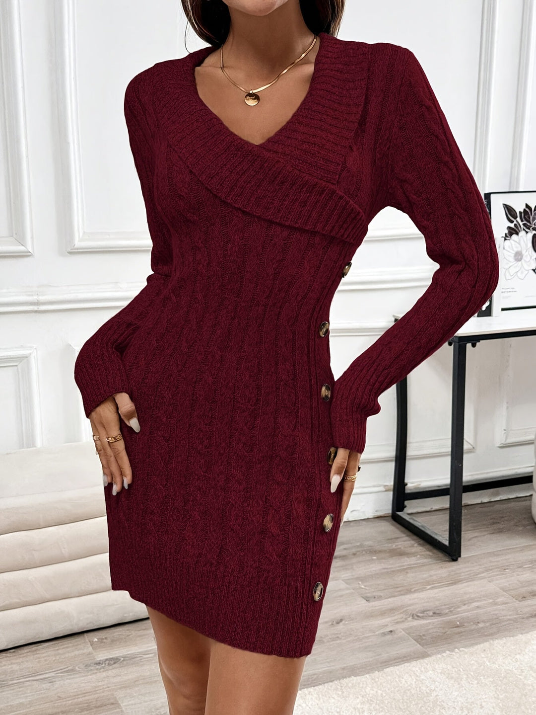 Raegan – Women's Cable-Stitch Mini Sweater Dress with Side Buttons