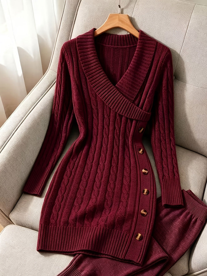 Raegan – Women's Cable-Stitch Mini Sweater Dress with Side Buttons