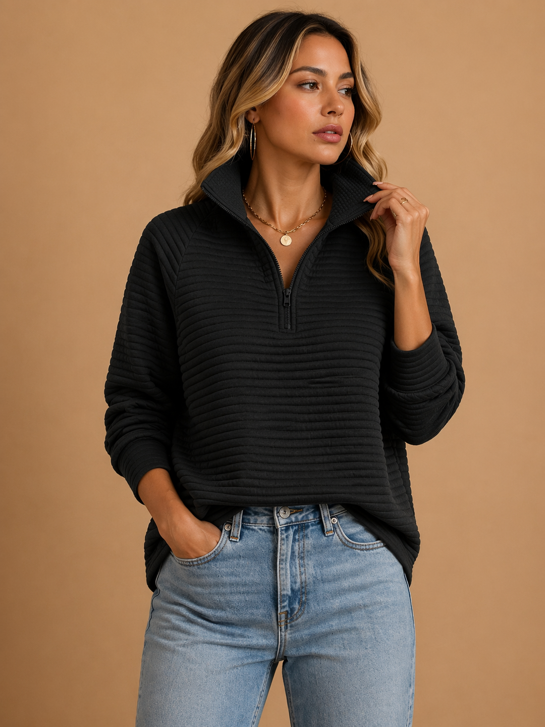 Rafaela – Women's Horizontal Ribbed Half-Zip Pullover