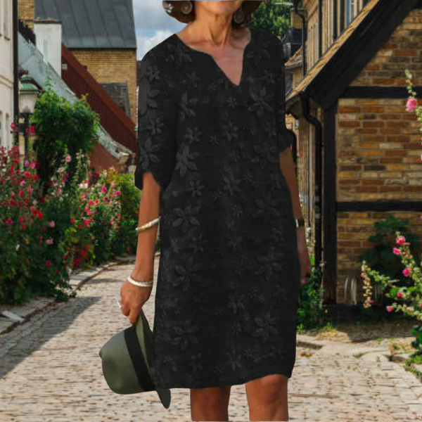 Ada – Floral V-Neck Midi Dress with Short Sleeves