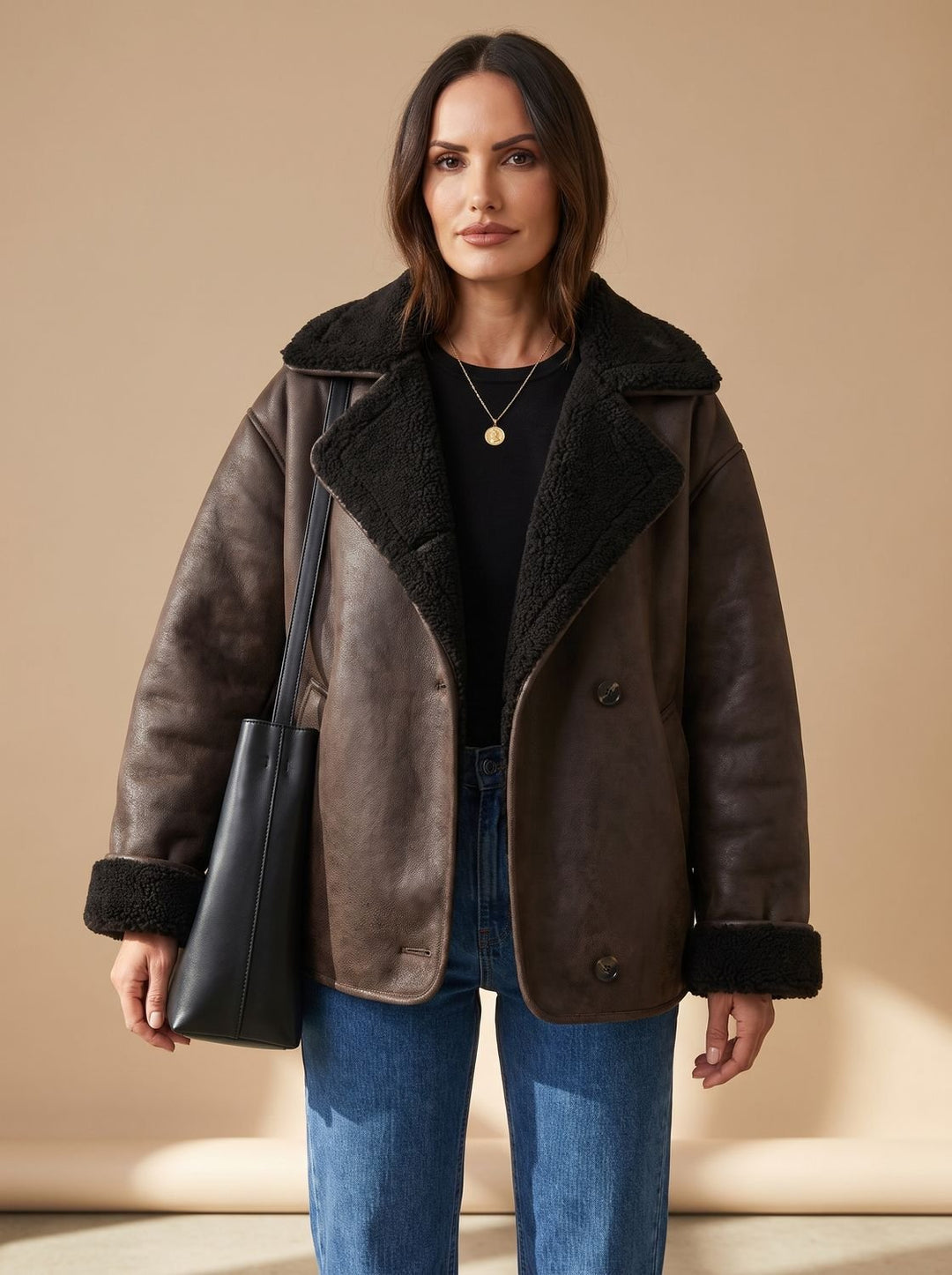 Rhoda – Women's Oversized Shearling Jacket with Sherpa-Lined Lapels