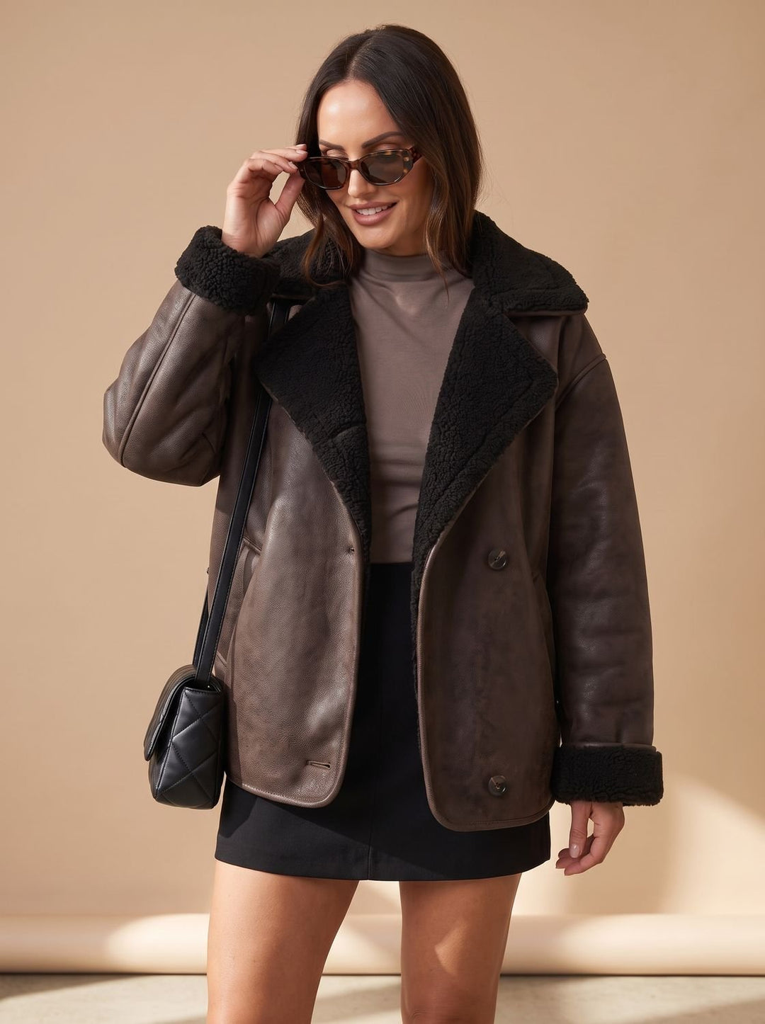 Rhoda – Women's Oversized Shearling Jacket with Sherpa-Lined Lapels
