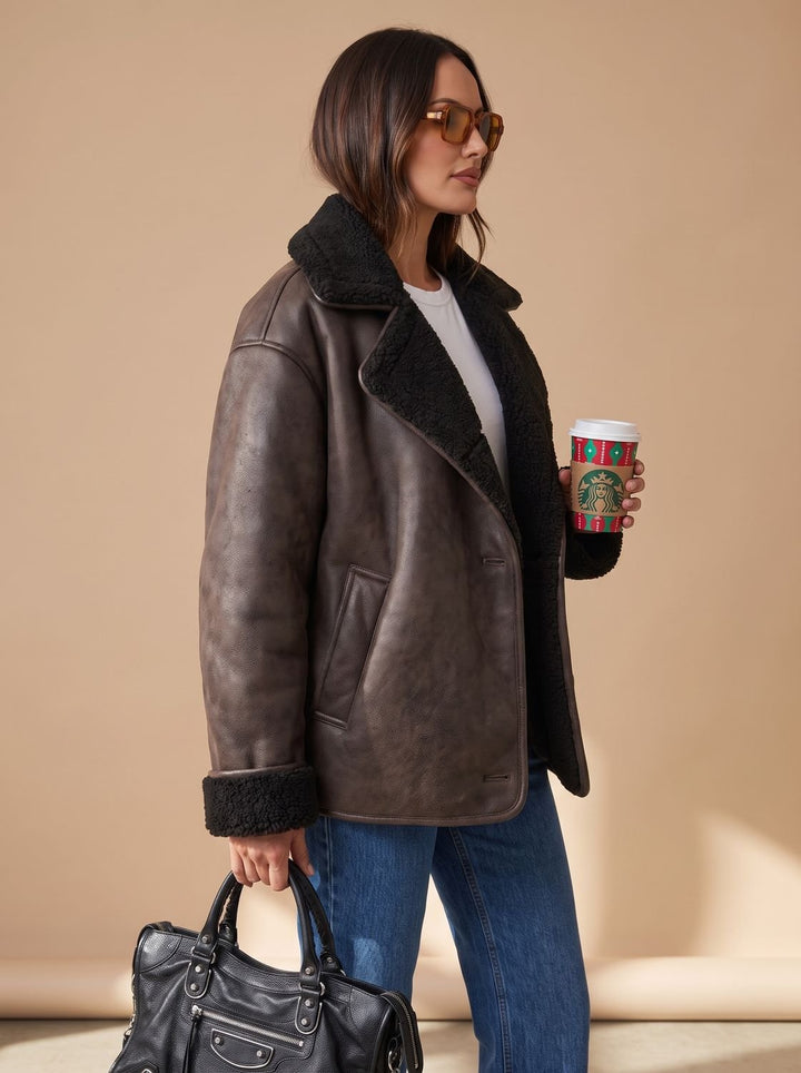 Rhoda – Women's Oversized Shearling Jacket with Sherpa-Lined Lapels