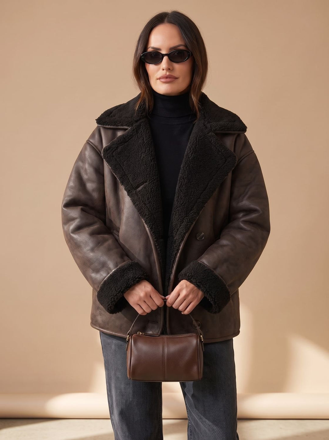 Rhoda – Women's Oversized Shearling Jacket with Sherpa-Lined Lapels