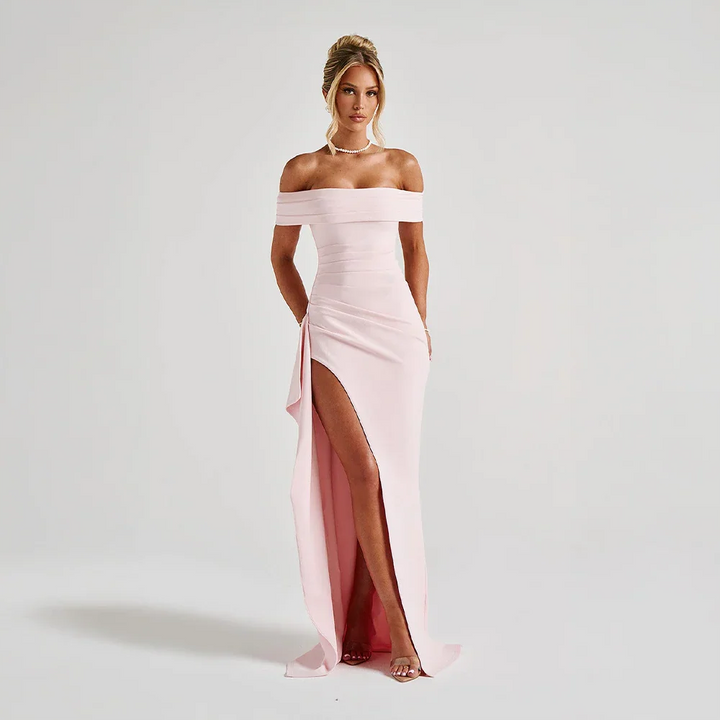 Robe longue femme en coton, épaules dénudées, fente sur le côté, idéale pour les journées d'été décontractées.