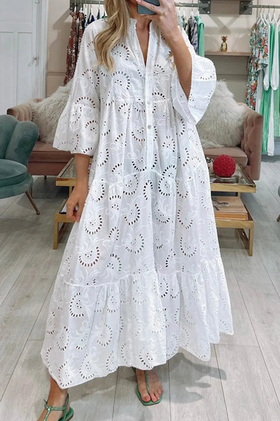 Bridget – Boho Eyelet Button-Front Maxi Dress, White / S