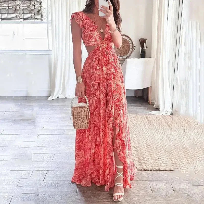 Robe longue florale à manches courtes, col en V, découpes latérales, en coton léger, idéale pour l'été.