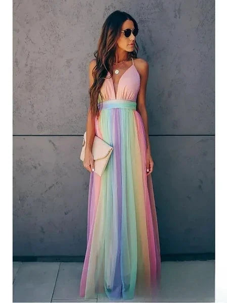 Brittany – Backless Deep-V Rainbow Maxi Dress – Laurent & Pierce
