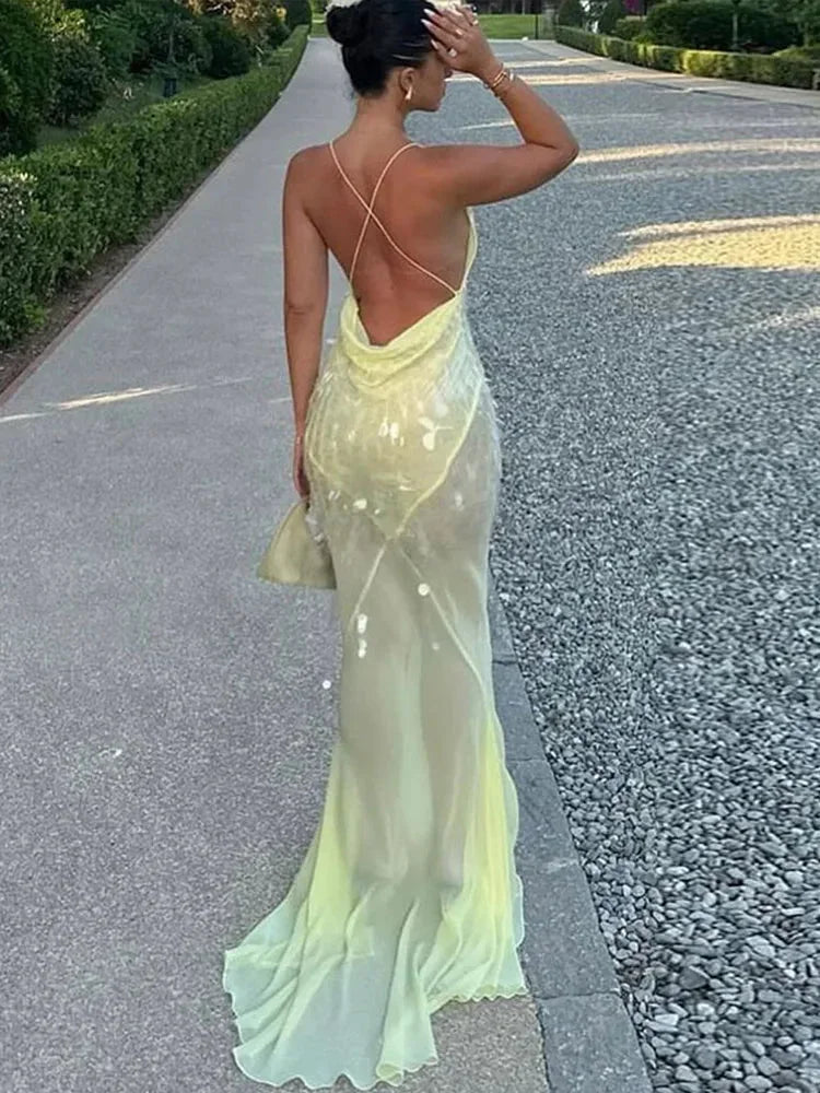 Robe longue transparente jaune, sequins, dos nu croisé, col en V, idéale pour des soirées d'été. Matière légère et fluide.
