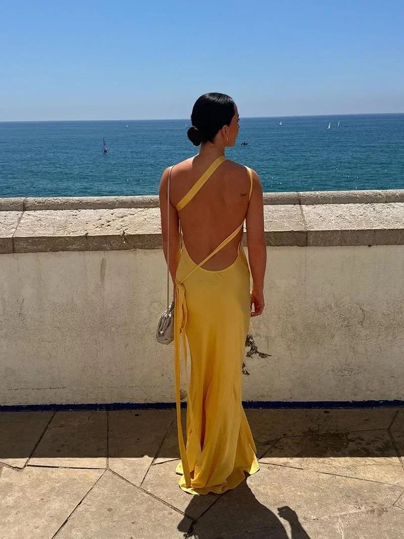 Robe longue satinée à bretelles fines, décolleté en V, dos ouvert et fluide pour une élégance intemporelle.