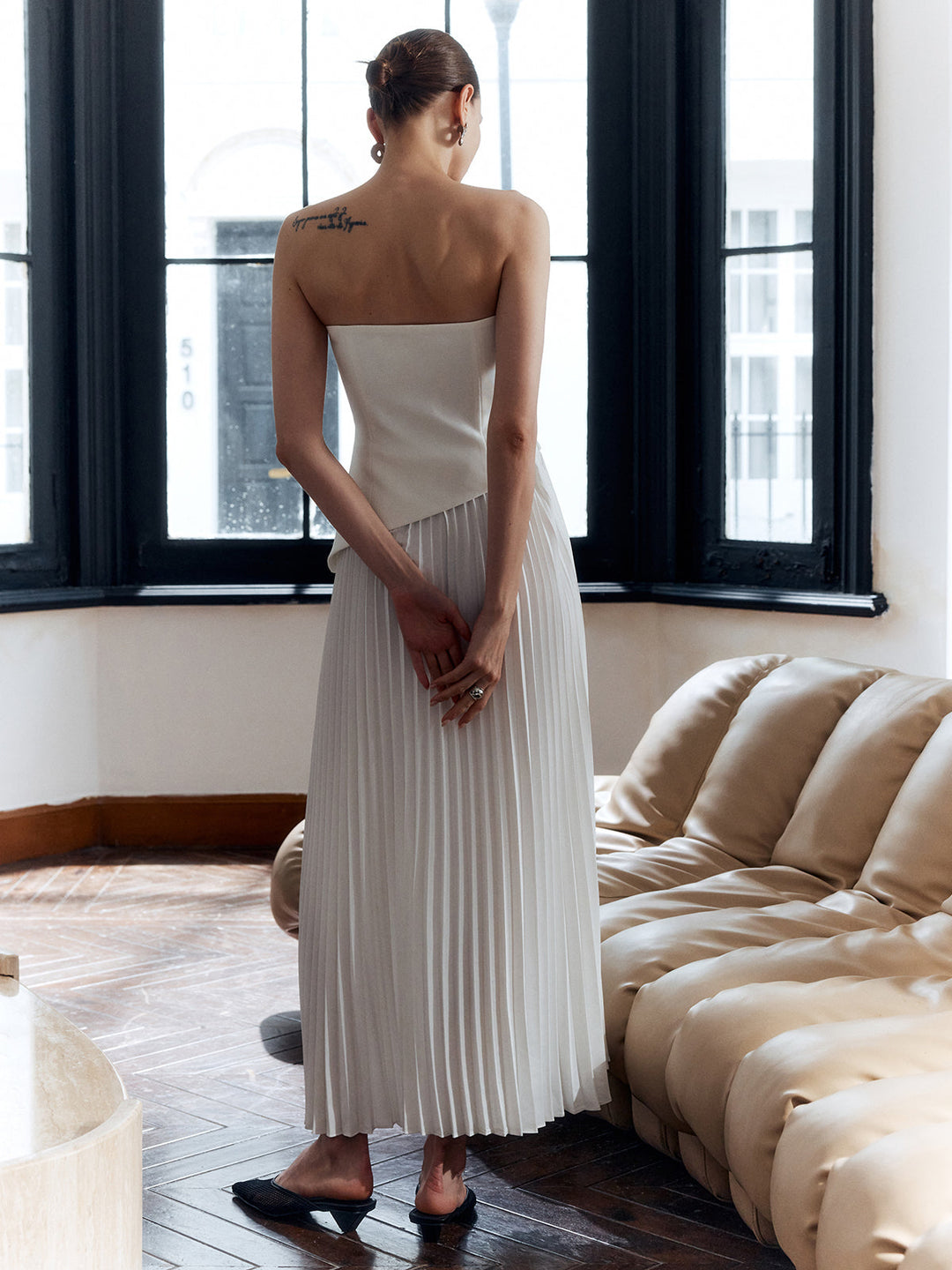 Paulina – Strapless Pleated Maxi Dress with Slit