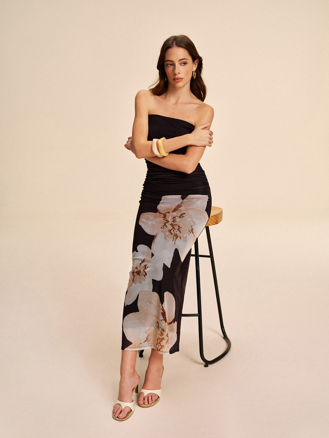 Octavia – Strapless Ruched Floral Maxi Dress