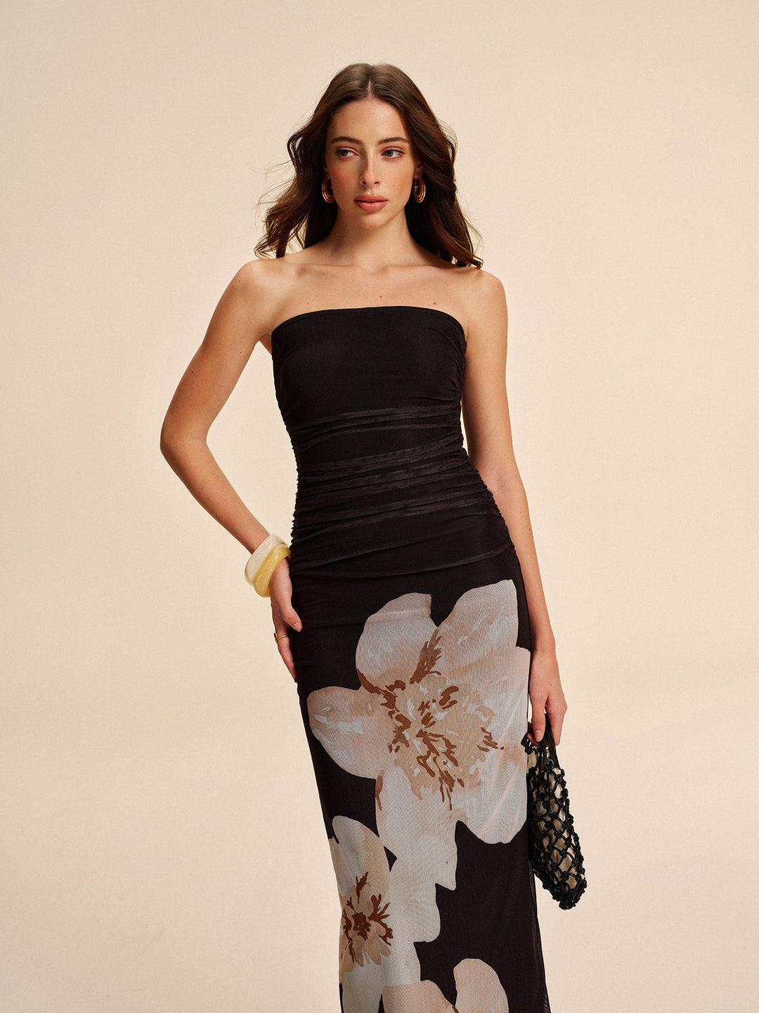 Octavia – Strapless Ruched Floral Maxi Dress