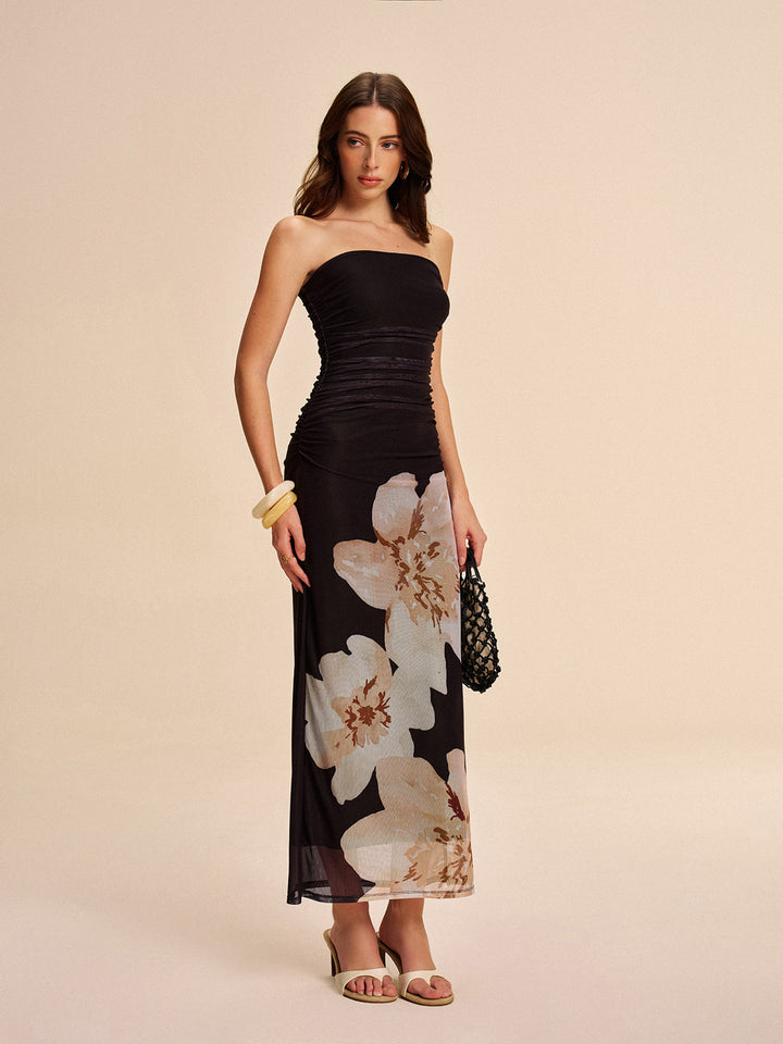 Octavia – Strapless Ruched Floral Maxi Dress