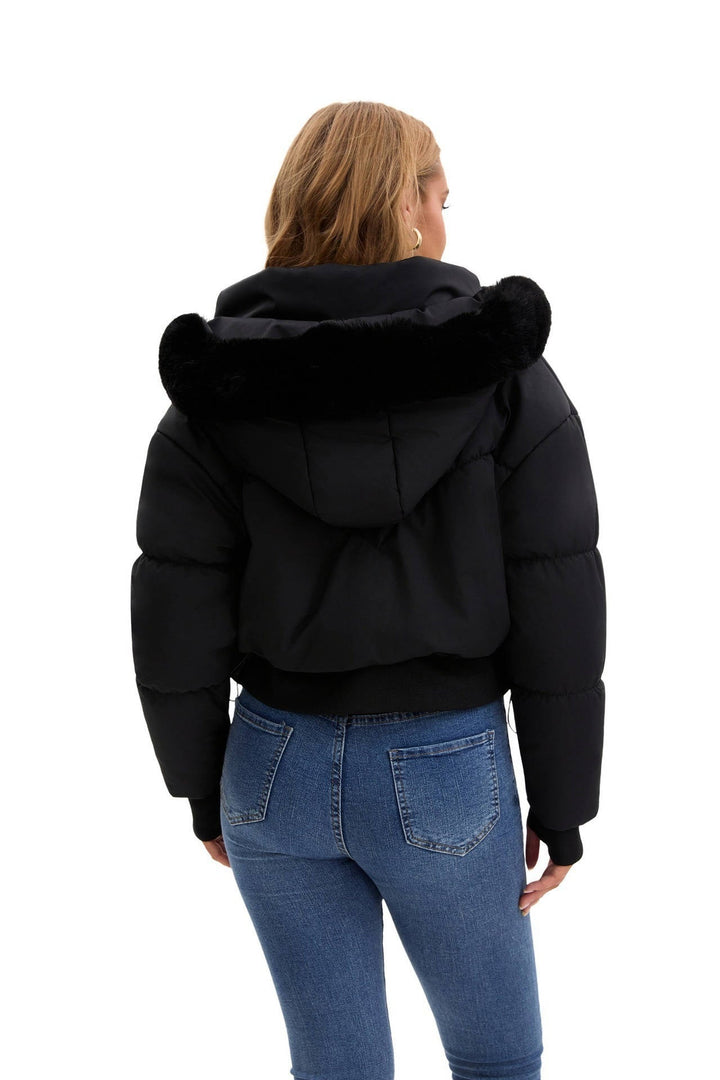 Tess – Women's Cropped Hooded Puffer Jacket with Faux Fur-Look Trim