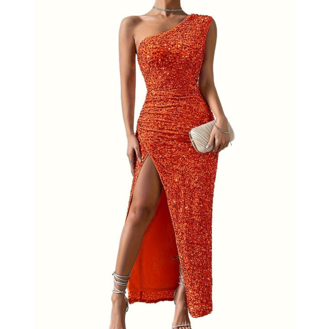Thomasina – Women's One Shoulder Sequin Maxi Dress with High Slit