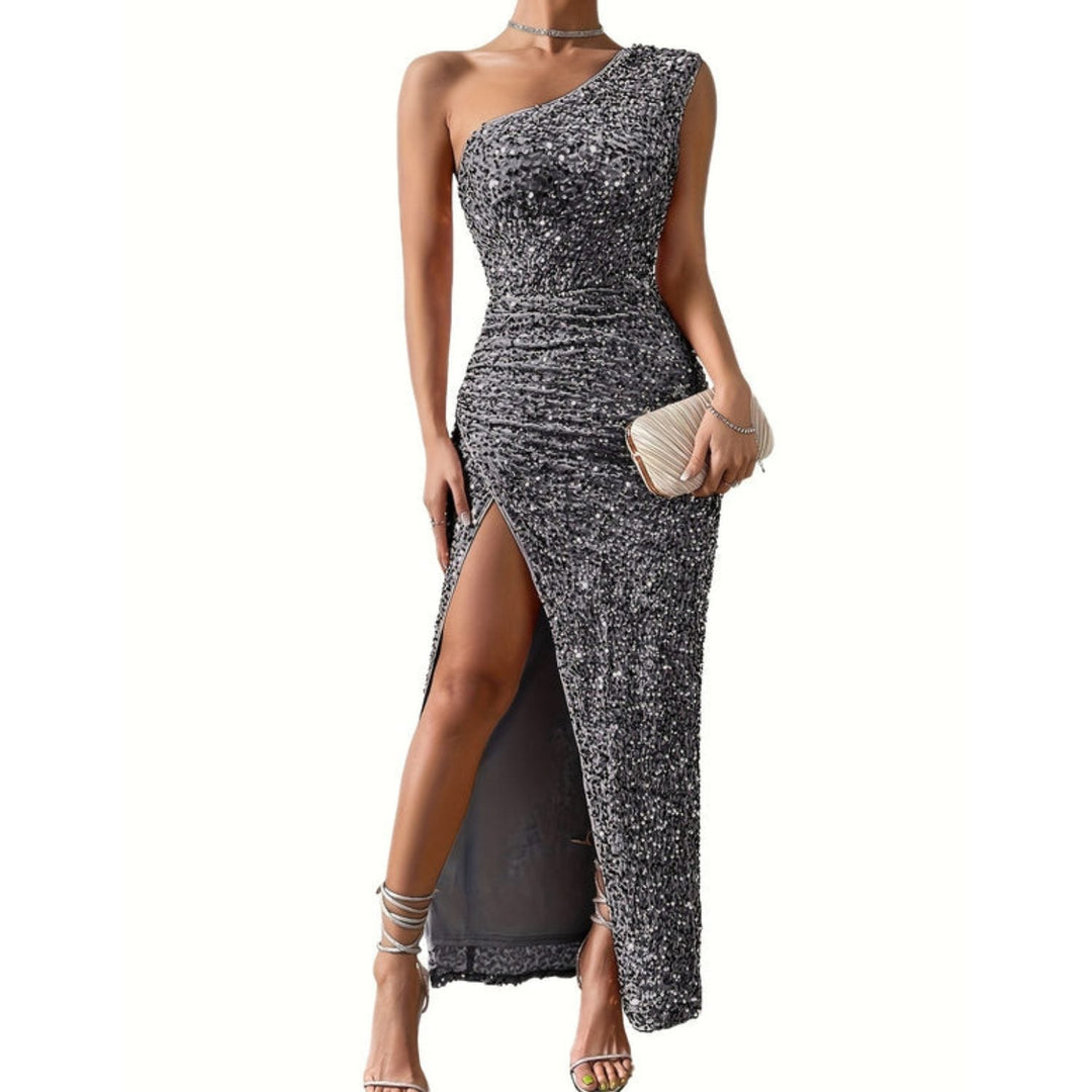 Thomasina – Women's One Shoulder Sequin Maxi Dress with High Slit