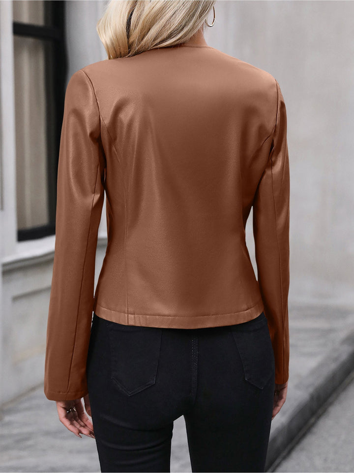 Sidonie – Collarless Cropped Leather-Look Jacket for Women