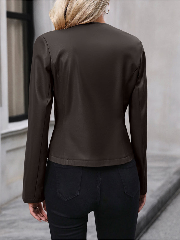 Sidonie – Collarless Cropped Leather-Look Jacket for Women