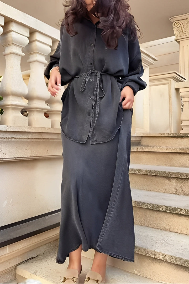 Debra – Elegant Two Piece Outfit with Long Sleeve Blouse and Tie Detail