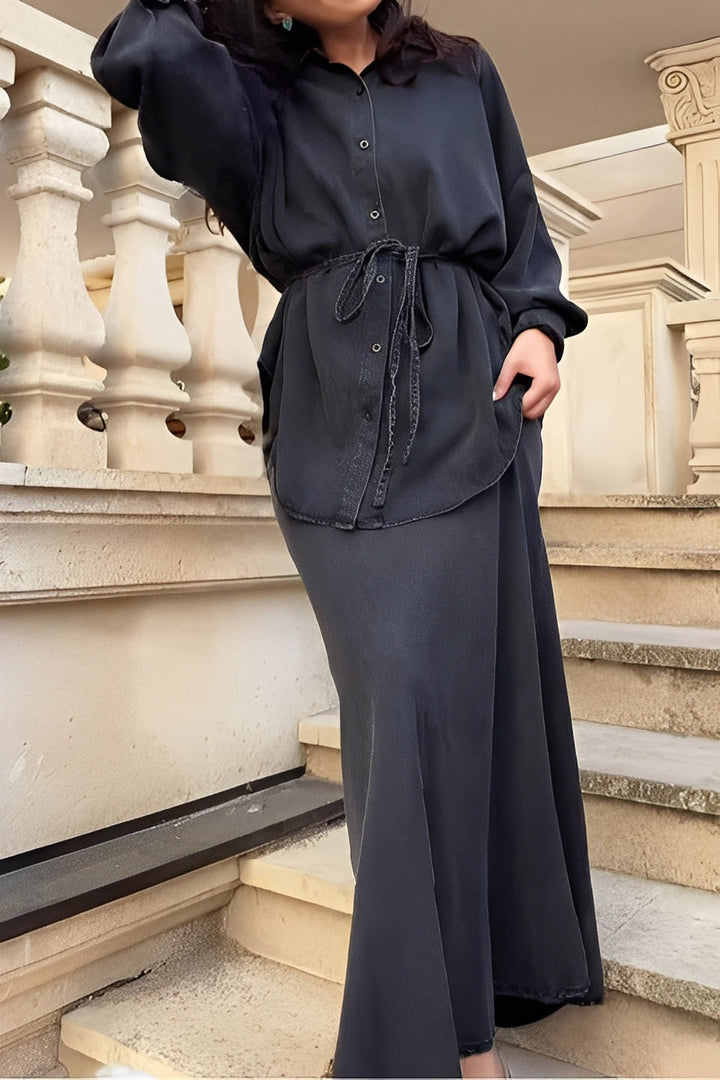 Debra – Elegant Two Piece Outfit with Long Sleeve Blouse and Tie Detail