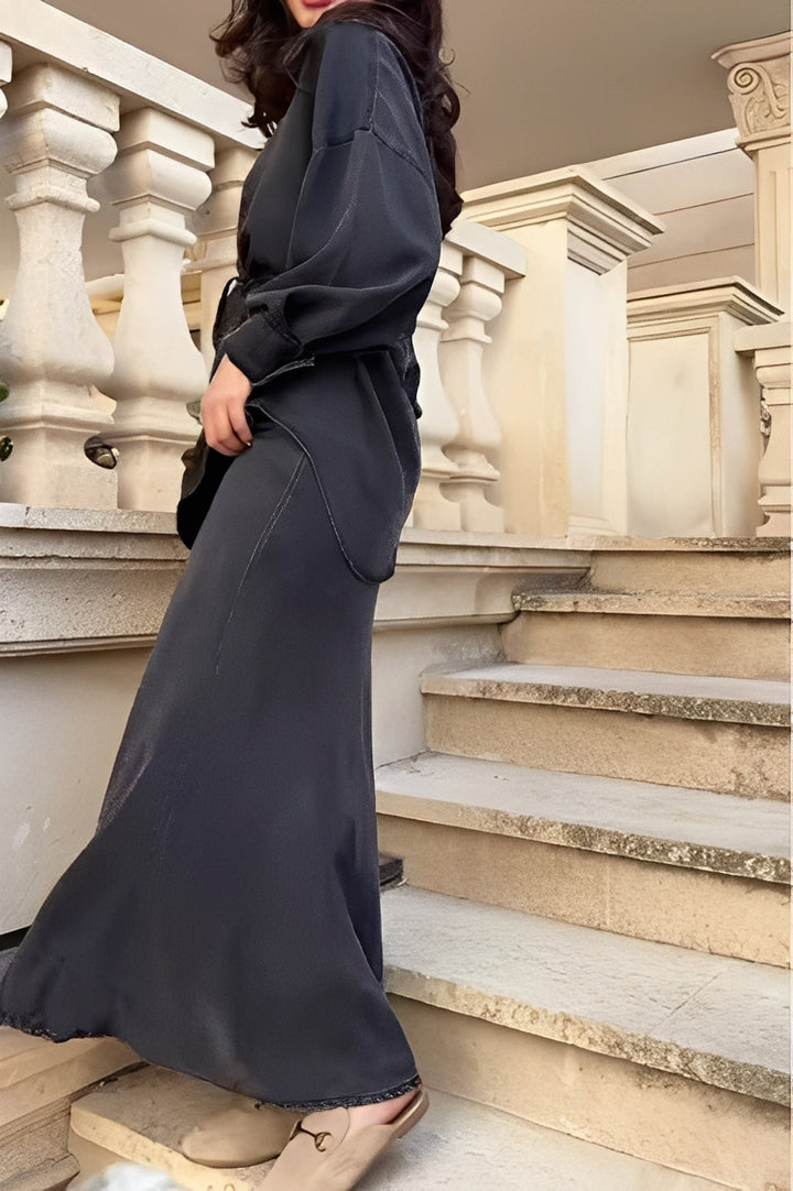 Debra – Elegant Two Piece Outfit with Long Sleeve Blouse and Tie Detail