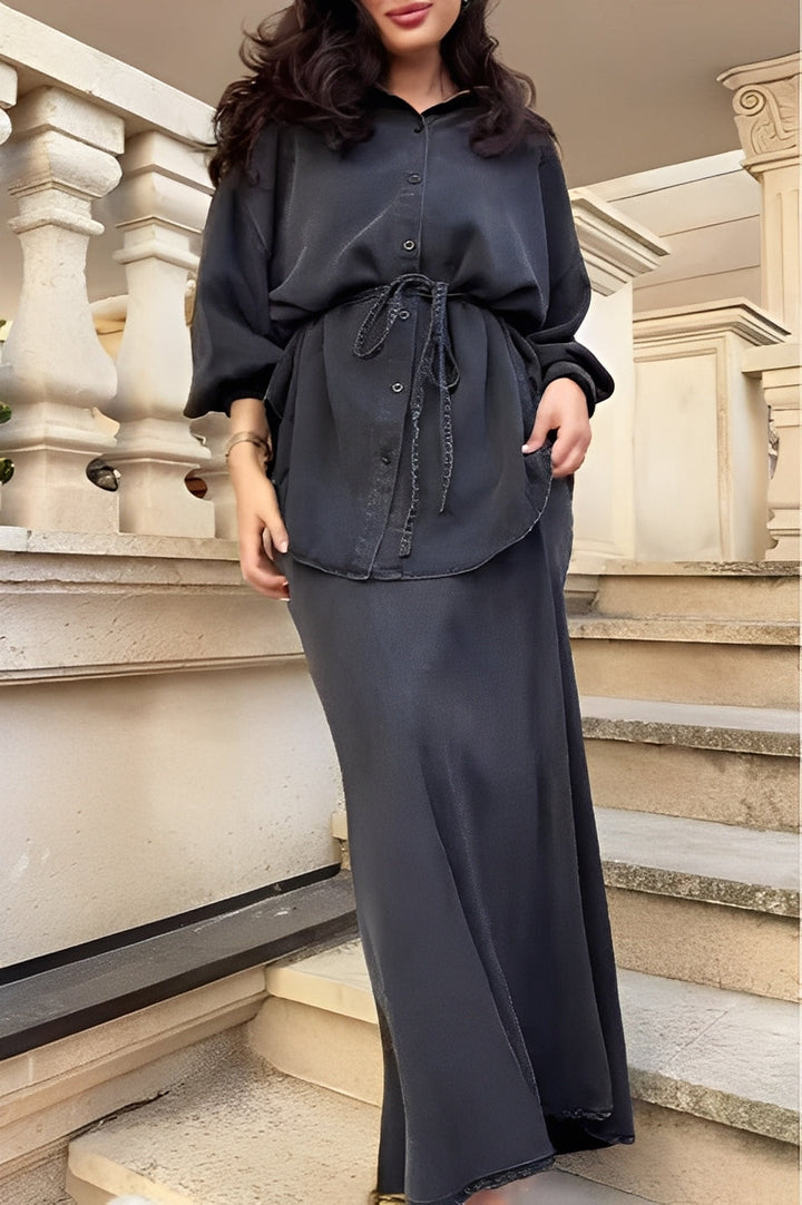 Debra – Elegant Two Piece Outfit with Long Sleeve Blouse and Tie Detail
