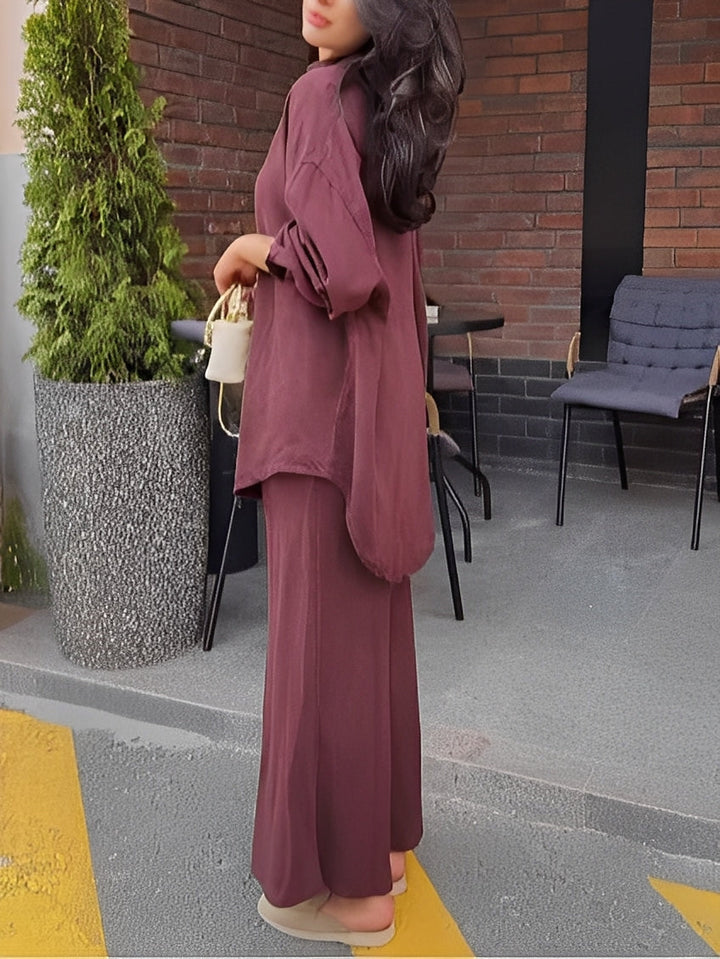 Debra – Elegant Two Piece Outfit with Long Sleeve Blouse and Tie Detail