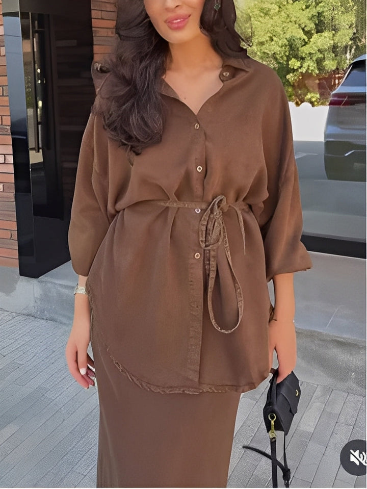 Debra – Elegant Two Piece Outfit with Long Sleeve Blouse and Tie Detail