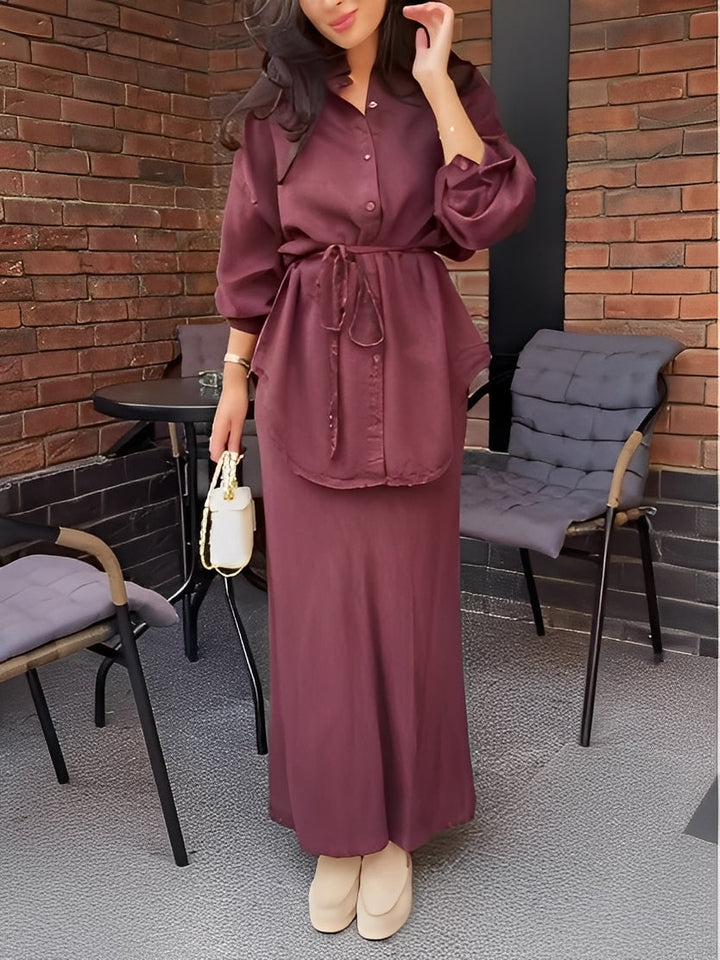 Debra – Elegant Two Piece Outfit with Long Sleeve Blouse and Tie Detail