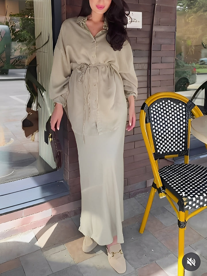 Debra – Elegant Two Piece Outfit with Long Sleeve Blouse and Tie Detail