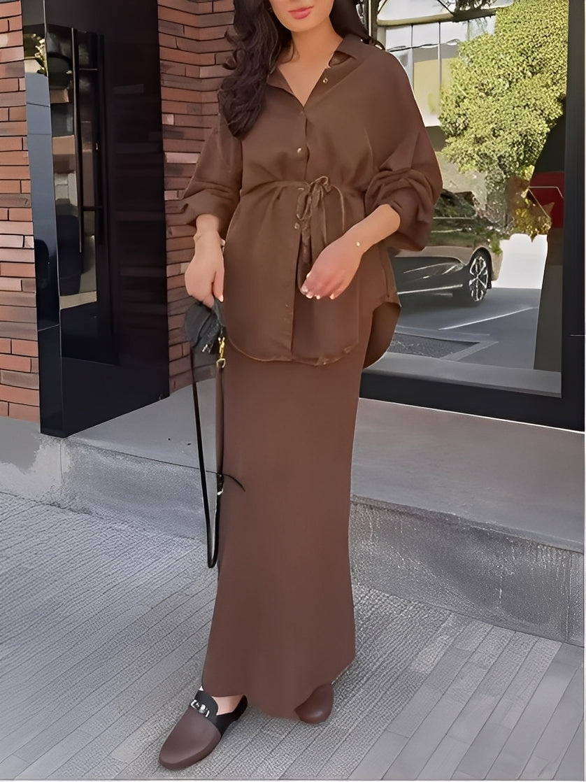 Debra – Elegant Two Piece Outfit with Long Sleeve Blouse and Tie Detail