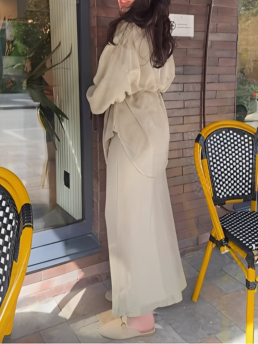 Debra – Elegant Two Piece Outfit with Long Sleeve Blouse and Tie Detail
