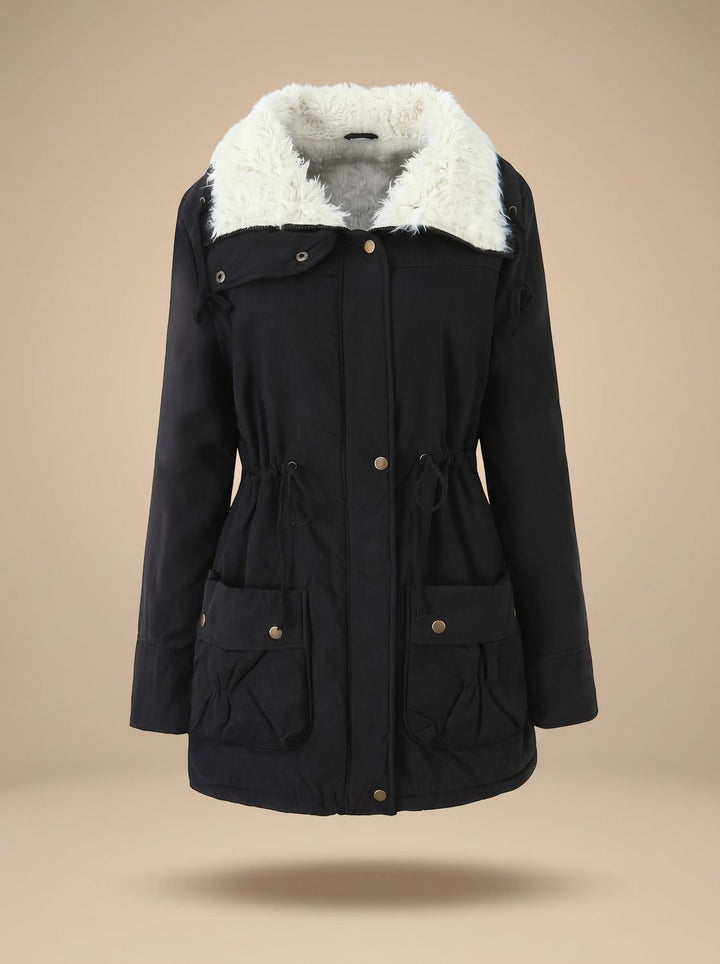 Perpetua – Drawstring-Waist Fur-Look Collar Hooded Parka for Women